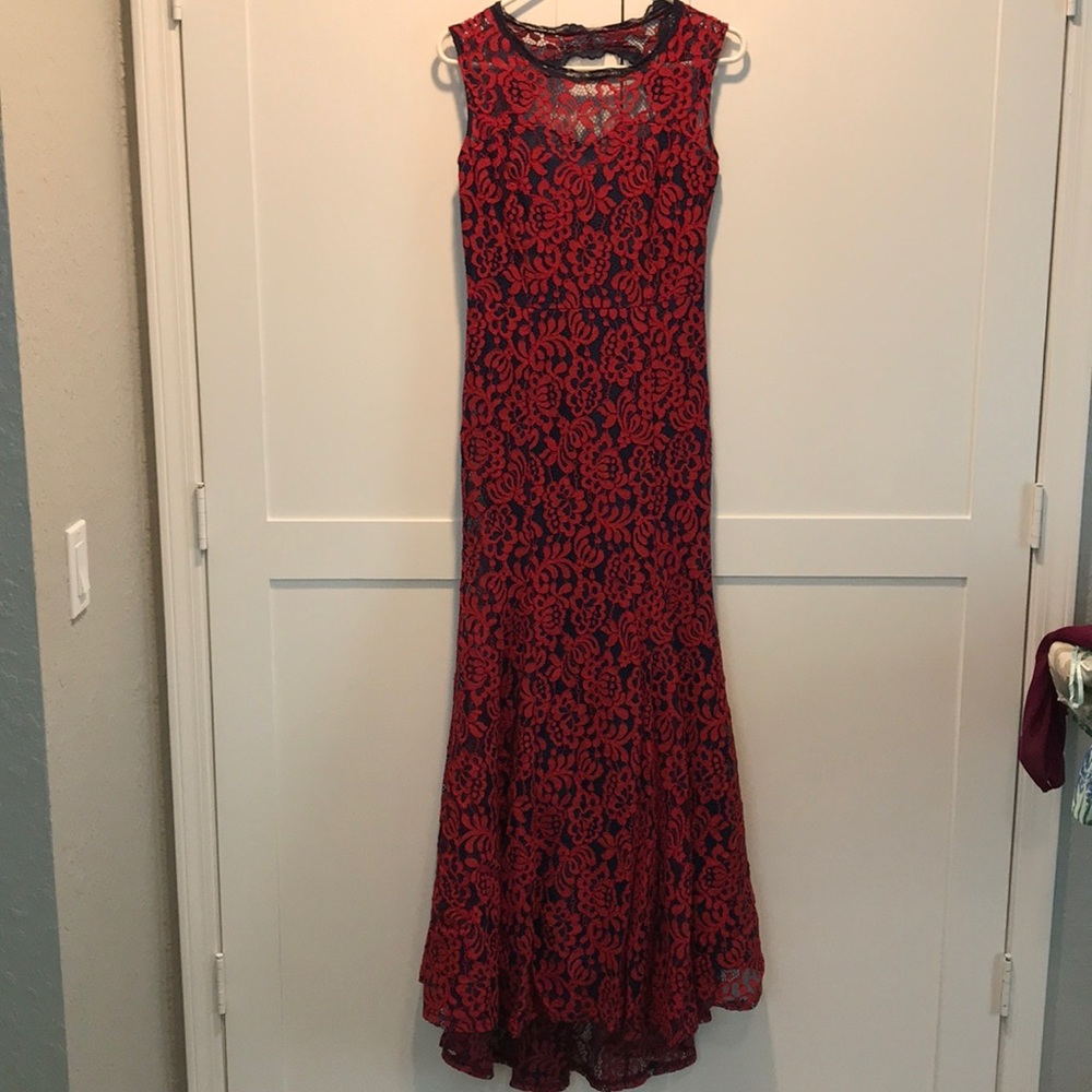 Red and Navy lace gown for Gala or formal event